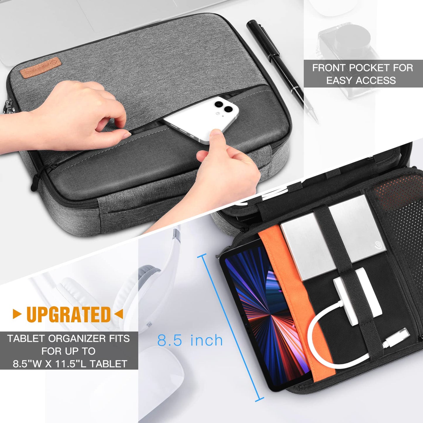 Electronic Organizer Bag, FINPAC Portable Accessories Storage for Cable/Cord/Charger/USB/SD Card, Portfolio Tablet Sleeve Carrying Case for iPad Pro 12.9''/11/10.2" iPad/10.5" iPad Air/9.7" iPad