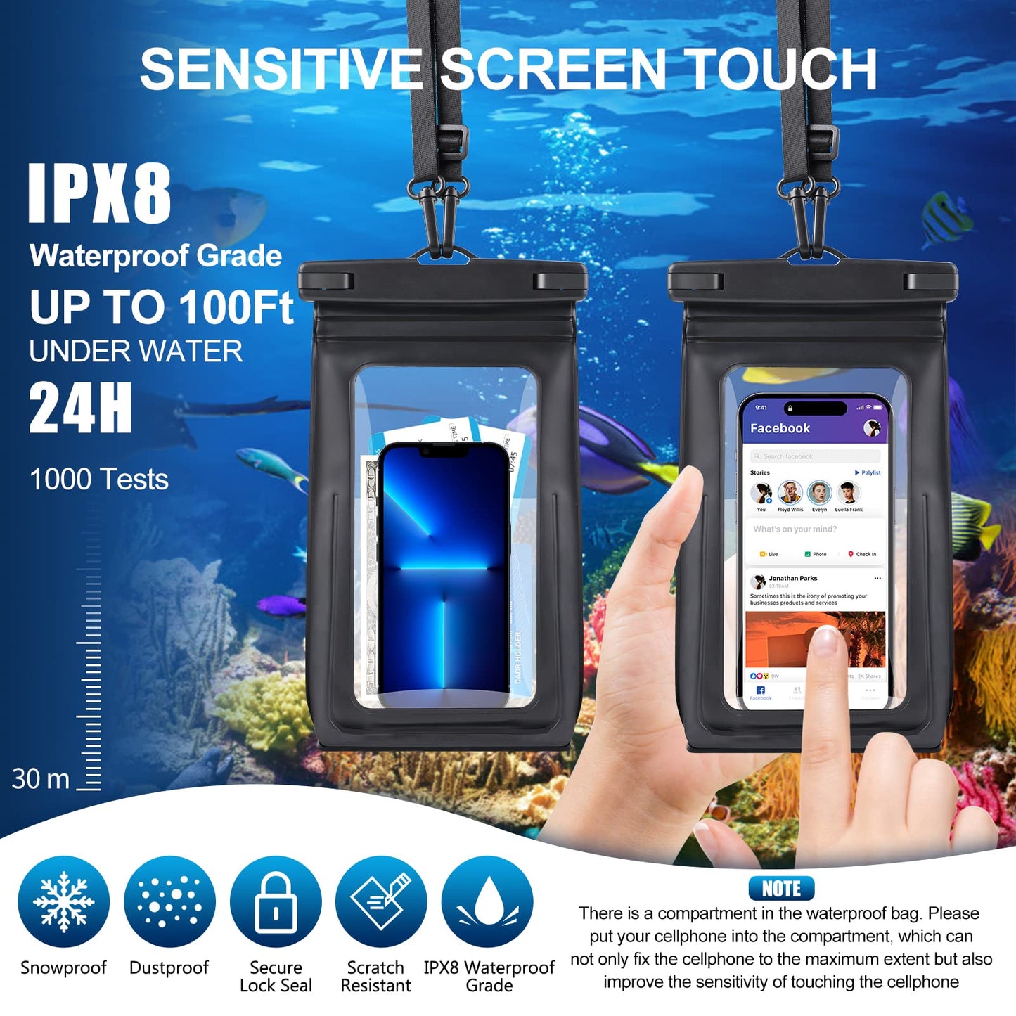 Waterproof Phone Pouch for Cruise Ship Essentials 2024 Woman, Large Waterproof Cellphone Dry Bag Floating for iPhone 16 15 14 13 12 11 Pro Max Galaxy S20-S24, Up to 7" IPX8 HD Touch Protector 2 Pack