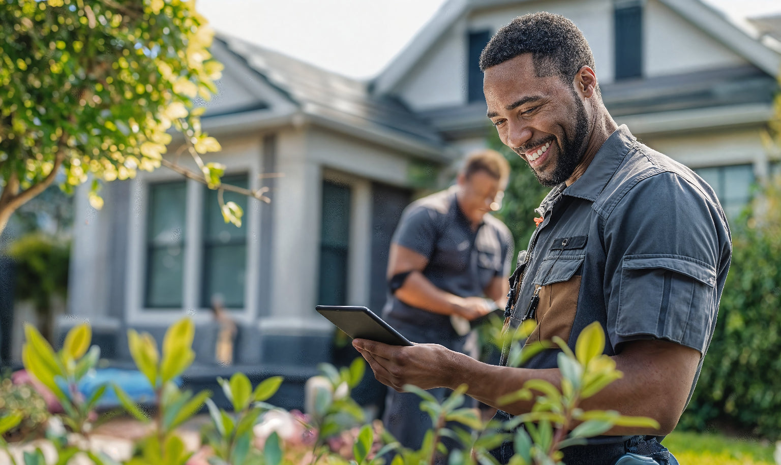 Landscaper using device outdoors