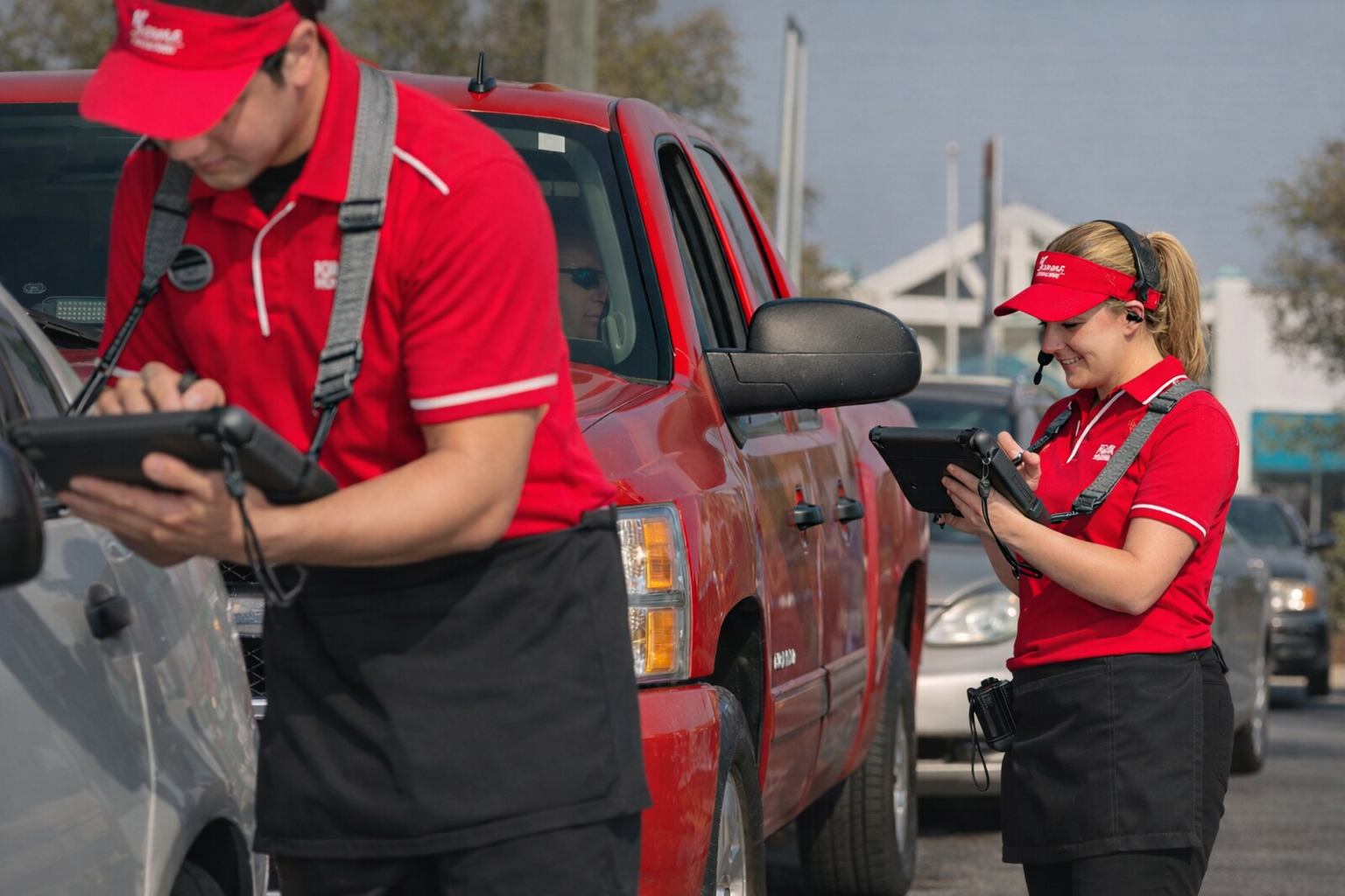 Chick-fil-A team members taking orders using Koolpad in the Drive Thru