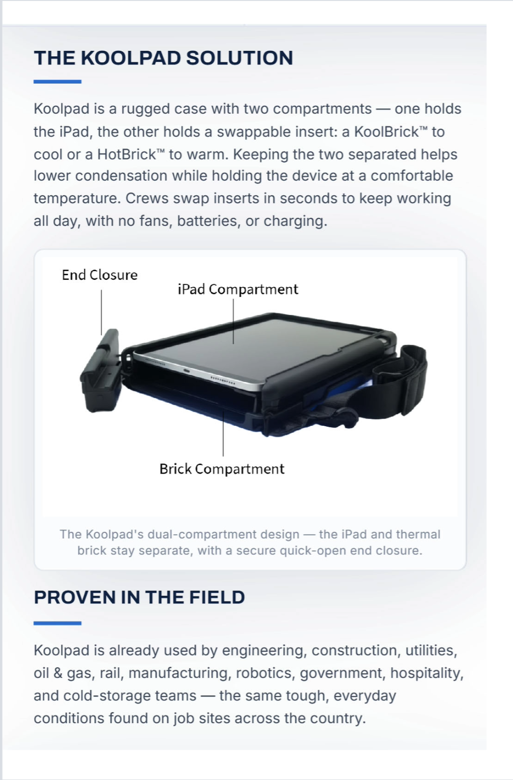 A product information page for the Koolpad Solution by Koolpad, featuring a product description, a diagram showing the iPad and thermal base components, and text about proven field use. The page is displayed on a light gray background.