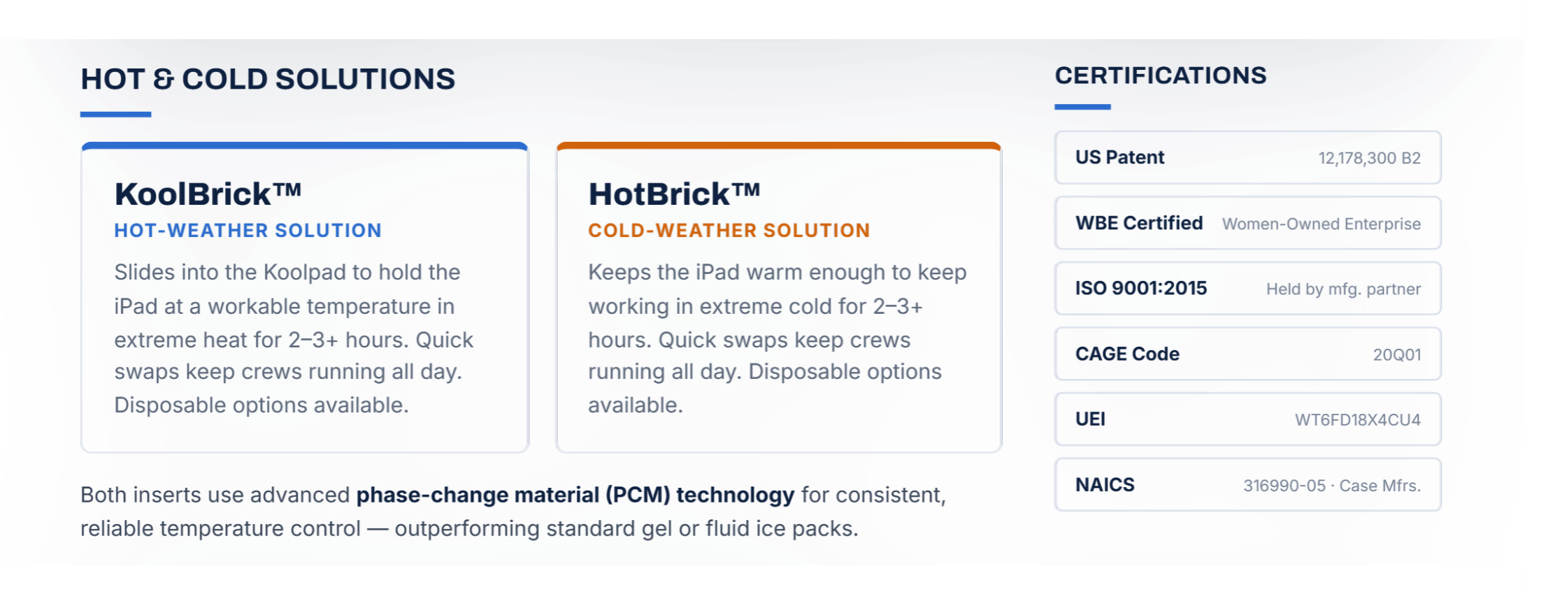 A technical product brochure page for KoolBrick and HotBrick solutions, featuring product descriptions, certifications, and logos on a white page with gray and blue accents.