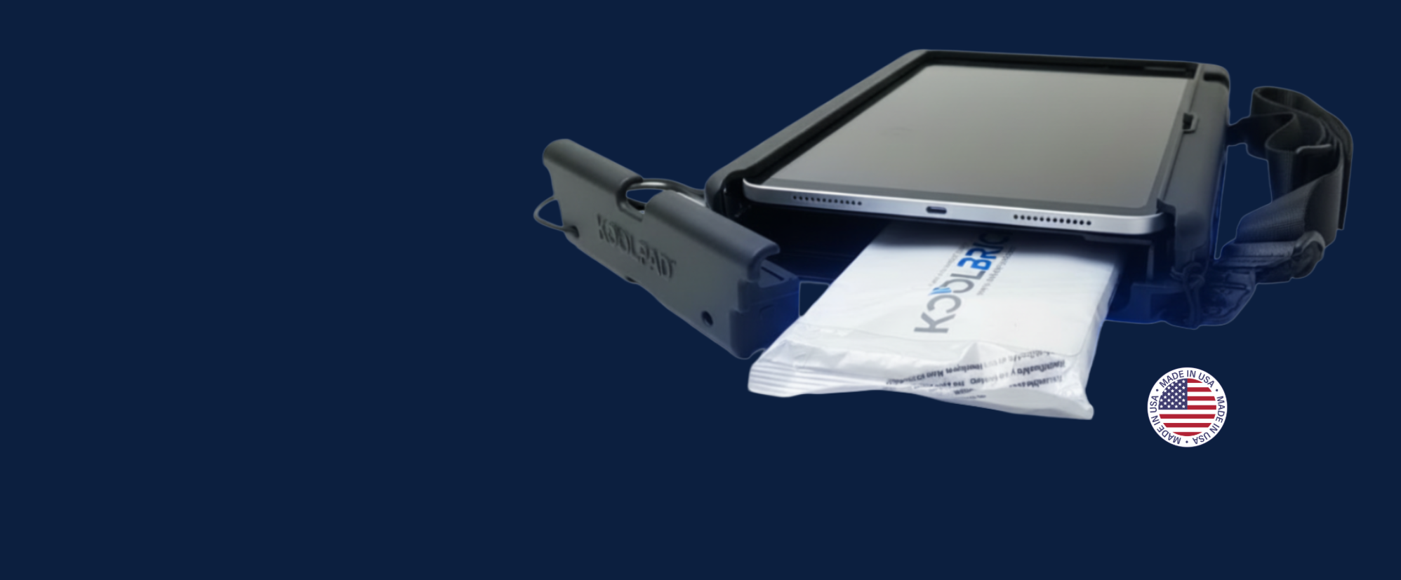 A iPad in a temperature regulated case called Koolpad. The protective case, with a white temperature element pack for cooling  called a KoolBrick extended from the front, shown against a dark blue background.